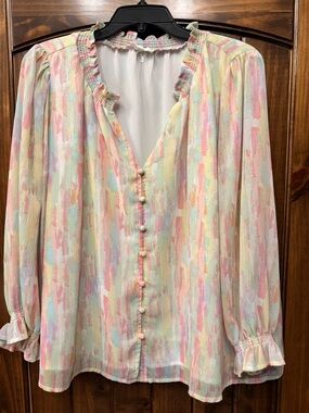entro Pastel Brushstroke Ruffle Button-Front Blouse in Pink, Yellow & Blue